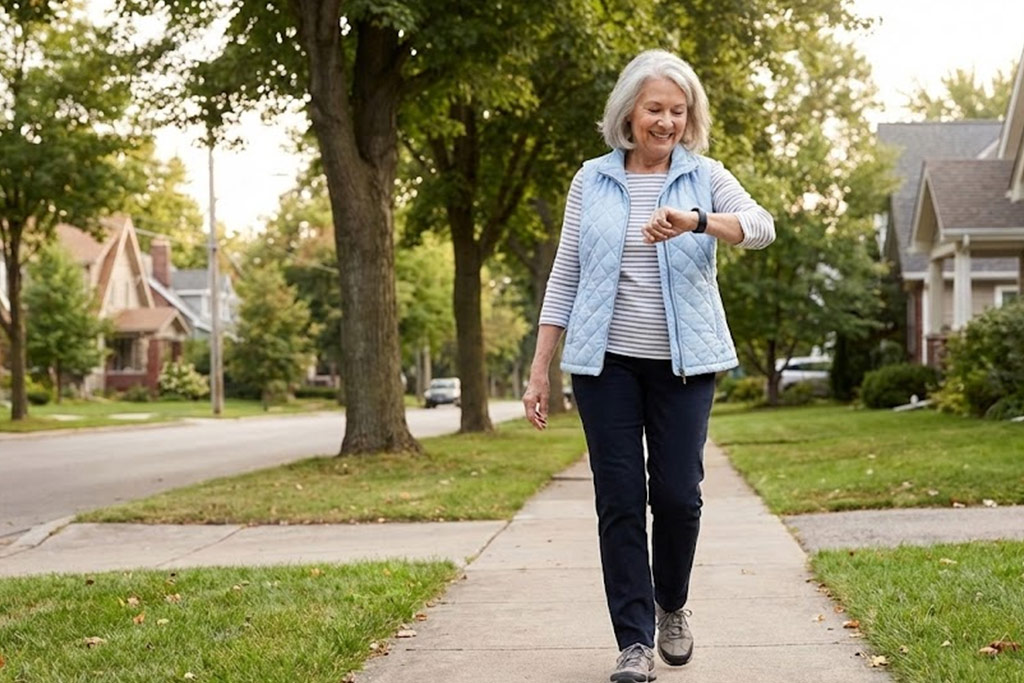 Senior femme souriante, en tenue de ville confortable avec des baskets, marchant tranquillement dans un quartier résidentiel verdoyant. Elle regarde sa montre ou un podomètre à son poignet avec une expression satisfaite, sans stress.