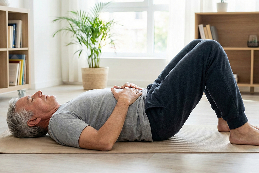 Senior allongé sur le dos faisant un exercice de bascule du bassin pour soulager les lombaires