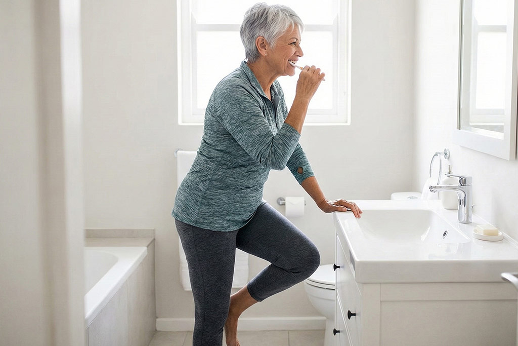 Senior femme souriante se tenant en équilibre sur une jambe dans sa salle de bain en se brossant les dents, pour travailler sa stabilité.