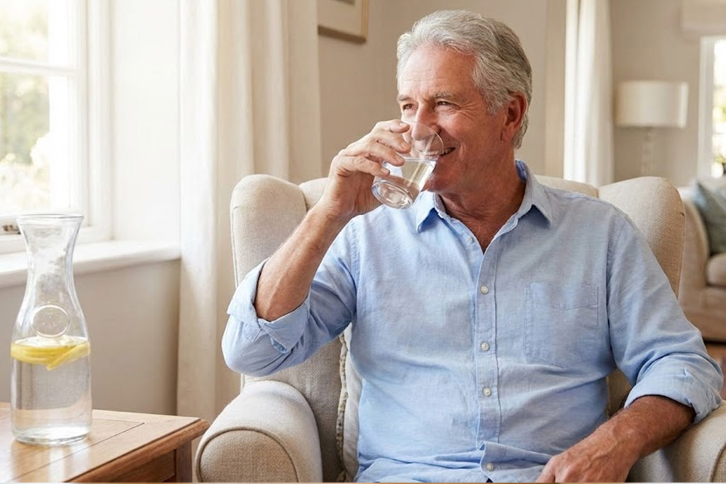 Senior homme souriant, assis dans un fauteuil près d'une fenêtre, buvant un grand verre d'eau pour s'hydrater et lutter contre la fatigue.