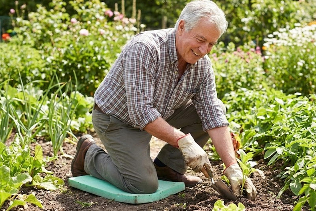 Senior homme souriant en train de jardiner dans un potager ensoleillé, accroupi avec une bonne posture (dos droit), utilisant un petit outil à main.