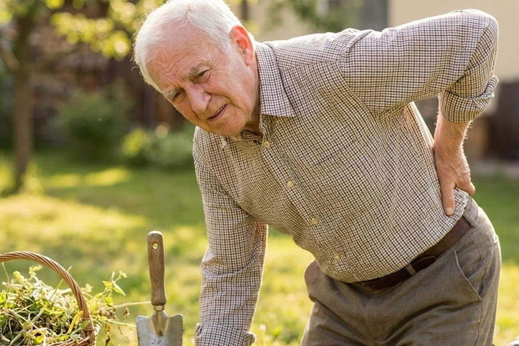Homme âgé grimaçant de douleur en se tenant le bas du dos après s'être penché pour jardiner. L'image illustre les conséquences physiques de la croyance selon laquelle la douleur est une fatalité liée à l'âge.