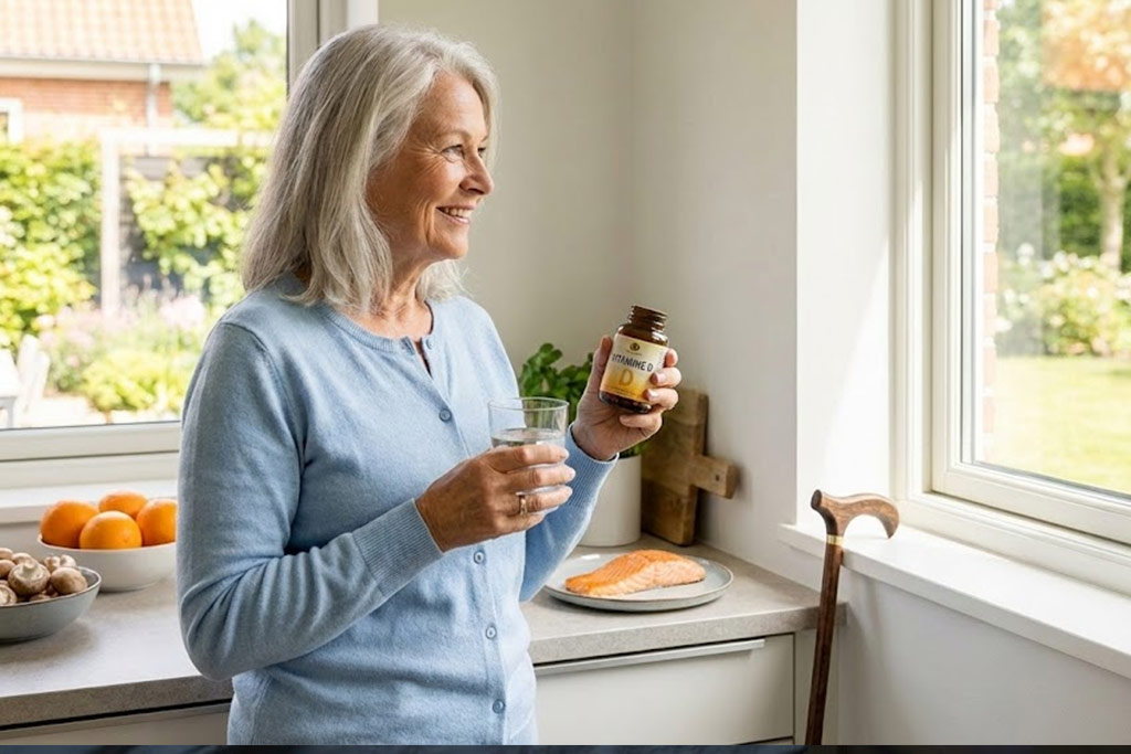 Femme senior souriante dans une cuisine lumineuse, tenant un flacon de "VITAMINE D" et un verre d'eau tout en regardant un jardin ensoleillé par la fenêtre. Une canne est posée près d'elle et des aliments sains (saumon, oranges, champignons) sont sur le comptoir, illustrant la prévention osseuse.