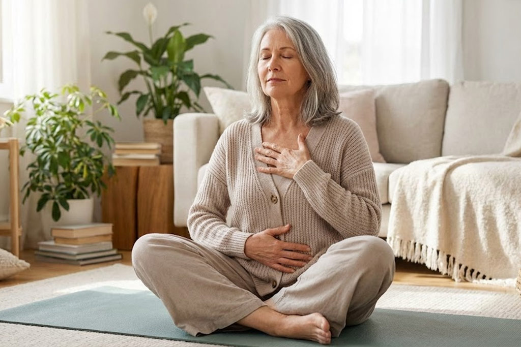 Femme senior aux cheveux gris, assise en tailleur sur un tapis de sol dans un salon calme et lumineux, les yeux fermés, une main posée sur le ventre et l'autre sur la poitrine, pratiquant un exercice de respiration lente pour gérer le stress. Son expression est paisible.