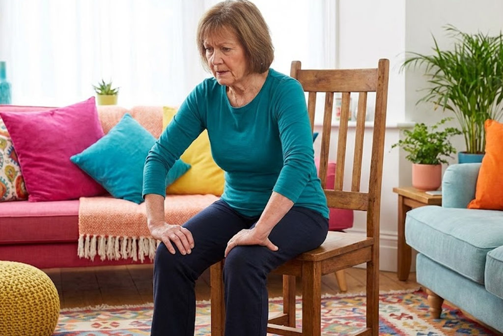 Femme senior assise le dos droit sur une chaise dans un salon coloré, effectuant un exercice de gainage doux en pressant ses mains sur ses genoux pour engager sa sangle abdominale.