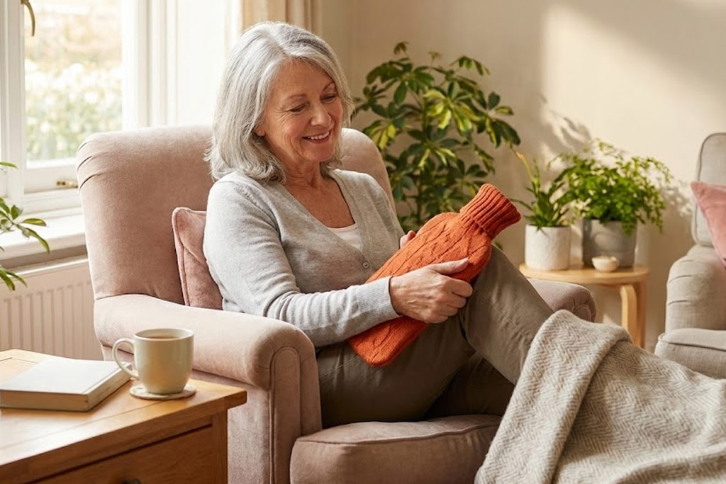 Senior femme détendue et souriante, assise dans un fauteuil confortable dans un salon lumineux, appliquant une bouillotte colorée sur son genou pour soulager une raideur.