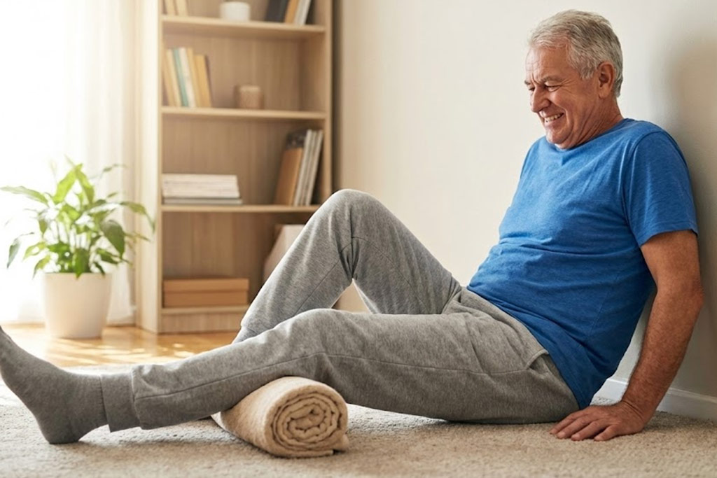 Senior assis au sol, dos contre un mur dans un salon, effectuant l'exercice du "coussin presseur" sous le genou avec une serviette roulée pour renforcer le quadriceps et soulager l'arthrose.