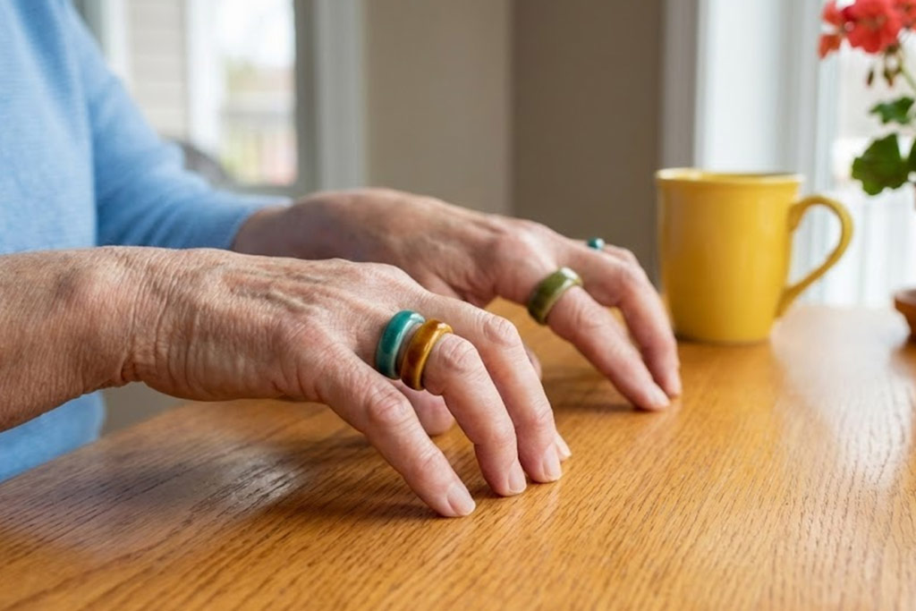 Gros plan sur les mains d'une personne senior effectuant l'exercice du "piano" sur une table pour améliorer la mobilité des doigts face à l'arthrose.