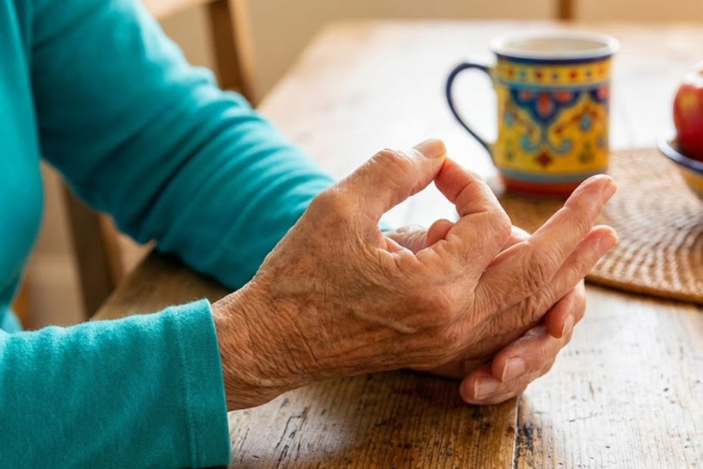 Gros plan sur les mains d'une personne senior effectuant l'exercice d'opposition du pouce, touchant le bout de l'index avec le pouce pour travailler la dextérité fine.