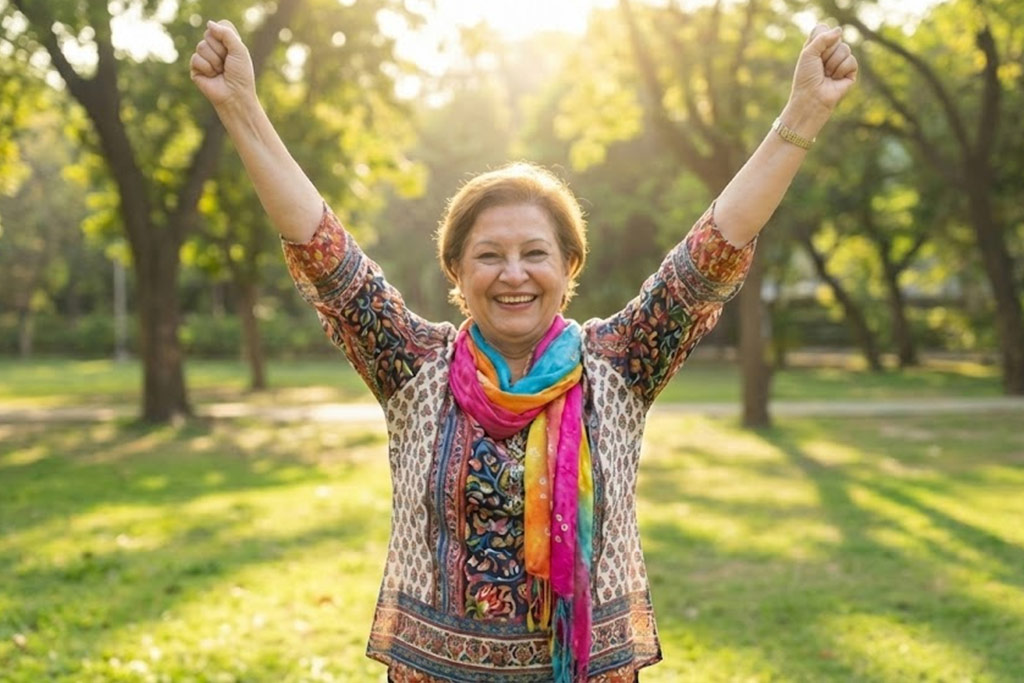 Femme senior rayonnante debout dans un parc ensoleillé, les bras levés au ciel en signe de triomphe. Cette "posture de vainqueur" illustre comment le langage corporel peut influencer positivement le moral.