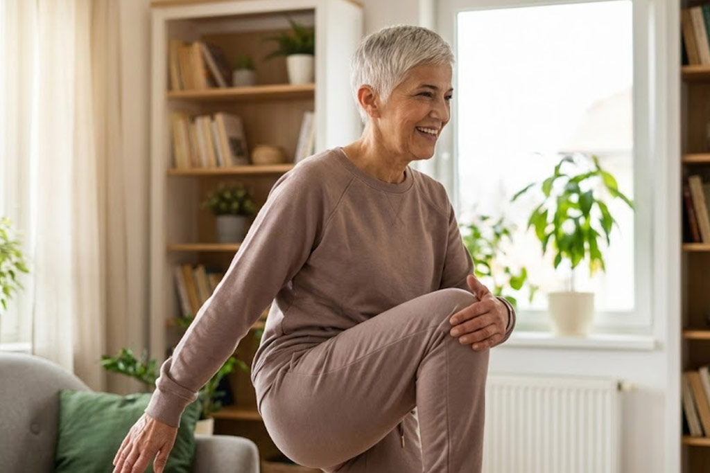 Femme senior souriante et concentrée, debout dans son salon, effectuant l'exercice du marcheur croisé : elle lève son genou droit et vient le toucher avec sa main gauche, stimulant ainsi la coordination entre ses deux hémisphères cérébraux.