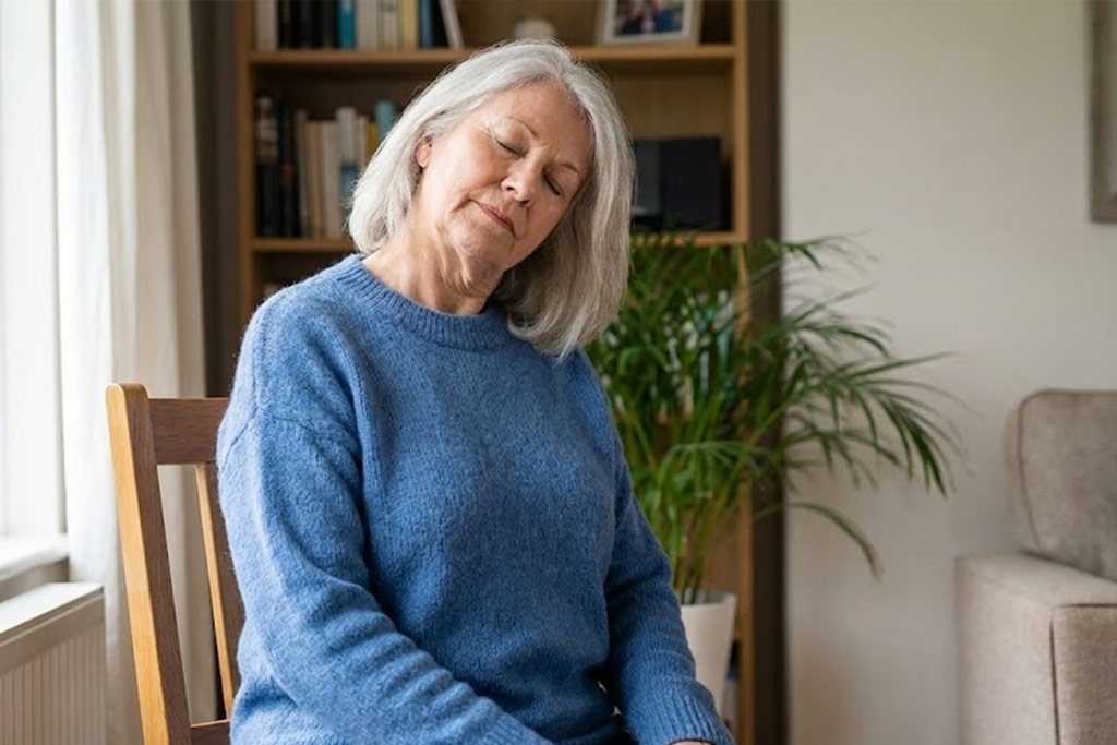 Femme senior assise sur une chaise, le dos droit, inclinant doucement la tête sur le côté (oreille vers l'épaule) pour étirer les muscles du cou et soulager la cervicalgie.
