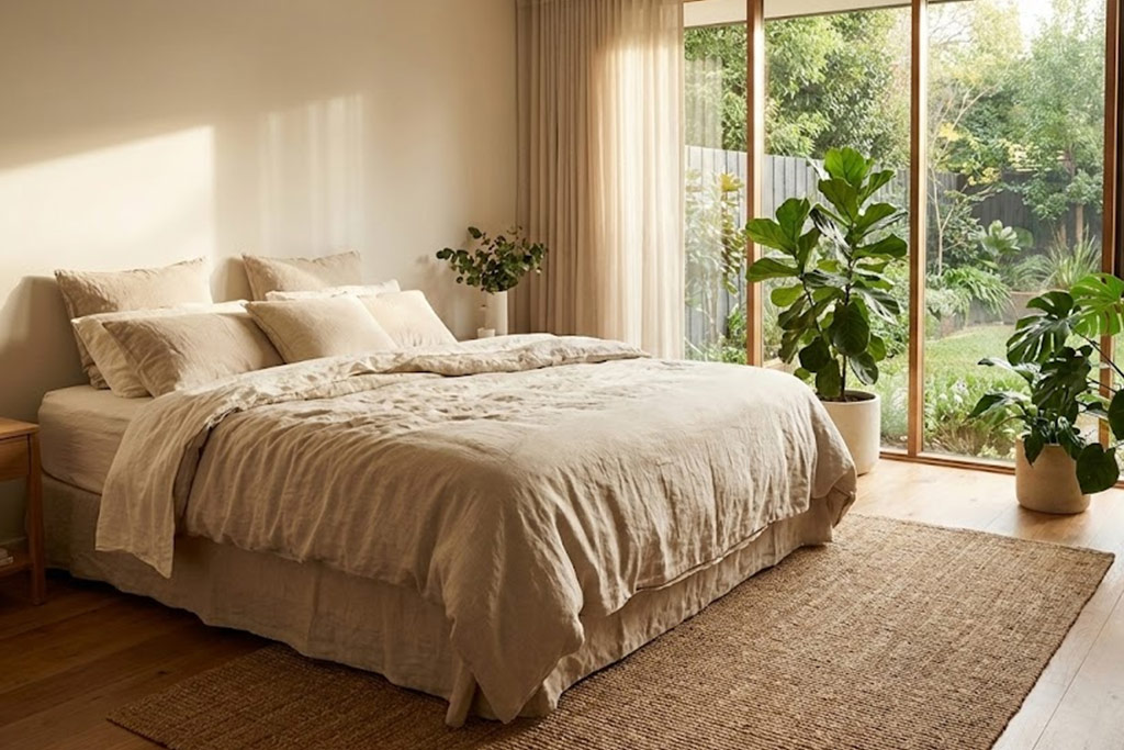 Photographie d'une chambre à coucher minimaliste et sereine, baignée de lumière naturelle. Un grand lit avec du linge en lin beige fait face à une grande baie vitrée donnant sur un jardin luxuriant et entouré de plantes d'intérieur. L'espace est totalement épuré, sans écrans ni désordre, illustrant un "sanctuaire de récupération" idéal.