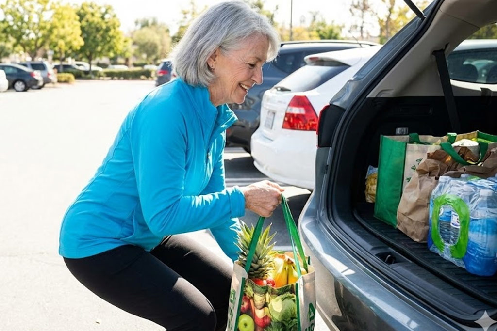 Senior femme souriante et dynamique sur un parking ensoleillé, appliquant la bonne posture (dos droit, genoux pliés) pour soulever un sac de courses réutilisable du coffre de sa voiture.