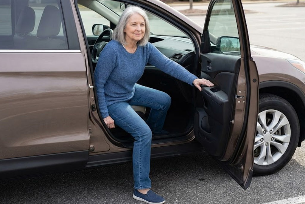 Femme senior souriante utilisant la technique du "pivot" pour sortir de sa voiture. Elle est assise de côté sur le siège conducteur, les deux pieds posés à plat sur le sol à l'extérieur, et prend appui avec une main sur le montant de la carrosserie pour se lever facilement, sans torsion du dos.
