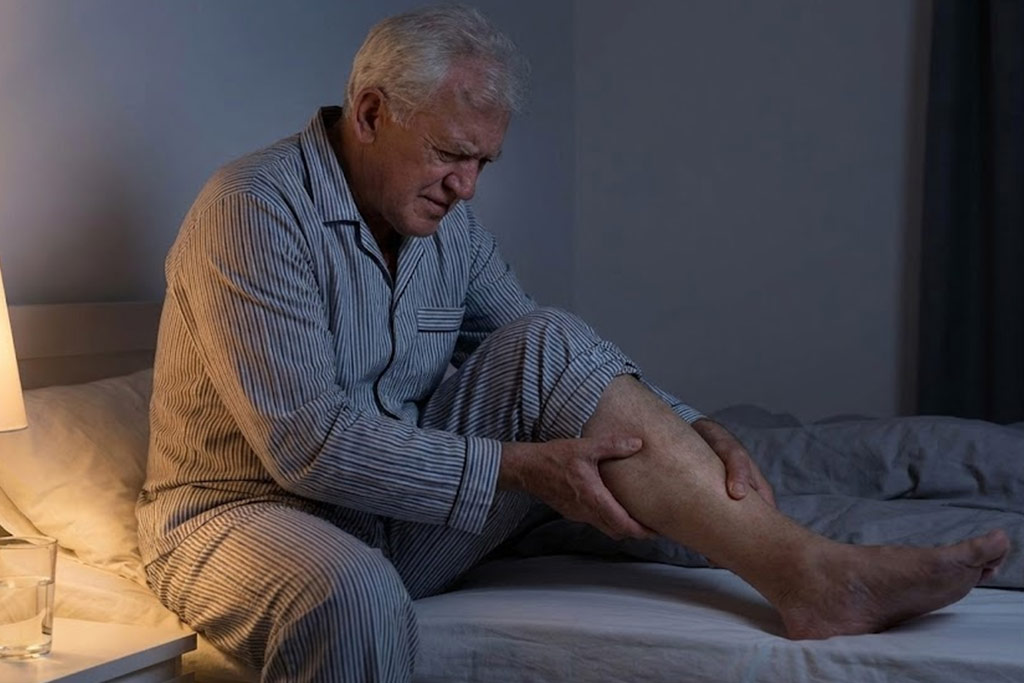 Senior homme grimaçant de douleur en pleine nuit, assis au bord de son lit et se massant le mollet à cause d'une crampe musculaire, éclairé par une lampe de chevet.
