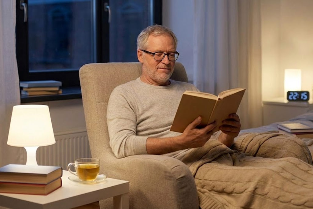 Homme senior détendu, assis dans un fauteuil confortable tard le soir (l'horloge indique 22h15), lisant un livre à la lumière douce d'une lampe avec une tasse de tisane. L'image illustre l'importance d'un rituel de "sas de décompression" calme avant le sommeil.