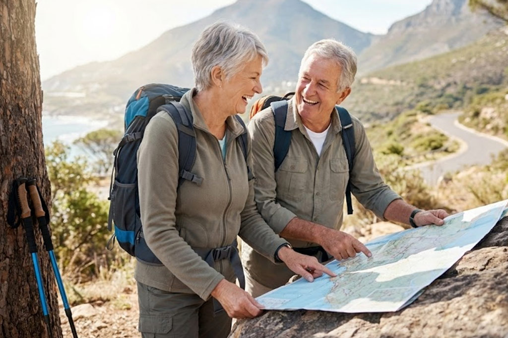 Couple de seniors souriants en tenue de randonnée, consultant une carte sur un rocher lors d'une balade ensoleillée en bord de mer. Ils portent des sacs à dos et incarnent une identité de "sportifs" actifs et heureux, profitant de la nature comme mode de vie.