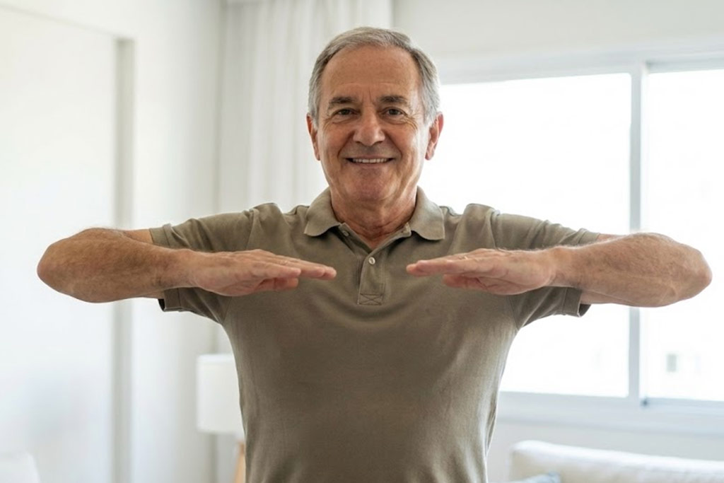 Homme senior debout se tenant bien droit, effectuant l'exercice du "W" avec les bras pour corriger le dos voûté et ouvrir la cage thoracique, regard confiant.