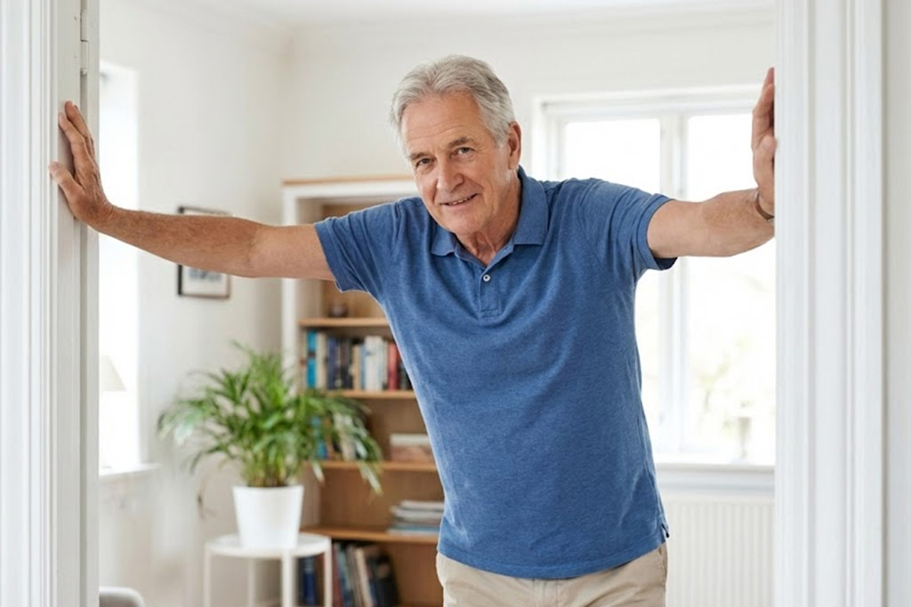 Homme senior se tenant debout dans l'encadrement d'une porte dans un salon lumineux, les avant-bras posés sur le cadre pour effectuer un étirement des pectoraux et redresser son dos voûté.