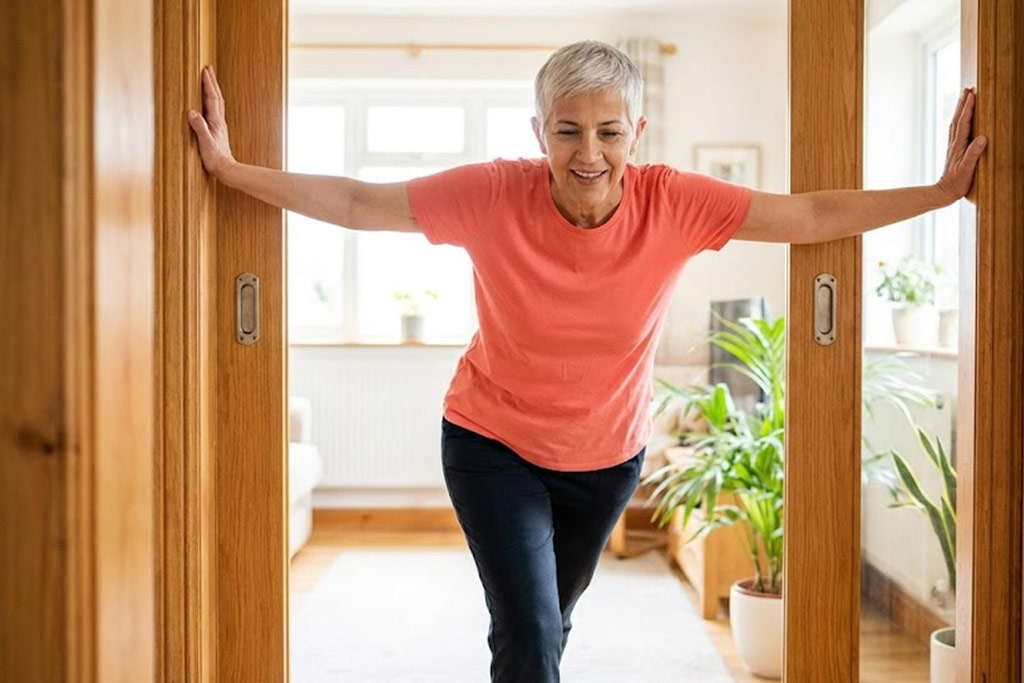 Senior femme souriante et détendue, debout dans l'encadrement d'une porte dans un salon lumineux, effectuant un étirement doux des pectoraux pour ouvrir sa cage thoracique.