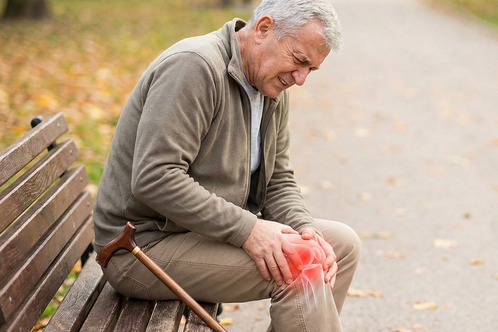 Senior homme se tenant le genou douloureux avec une tache rouge, assis sur un banc après une marche.