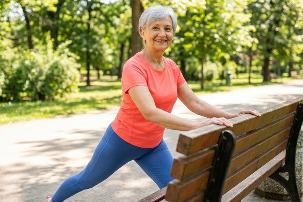 Senior femme souriante en tenue de sport colorée, faisant un étirement doux de la hanche (fente avant) en s'appuyant sur un banc dans un parc ensoleillé.