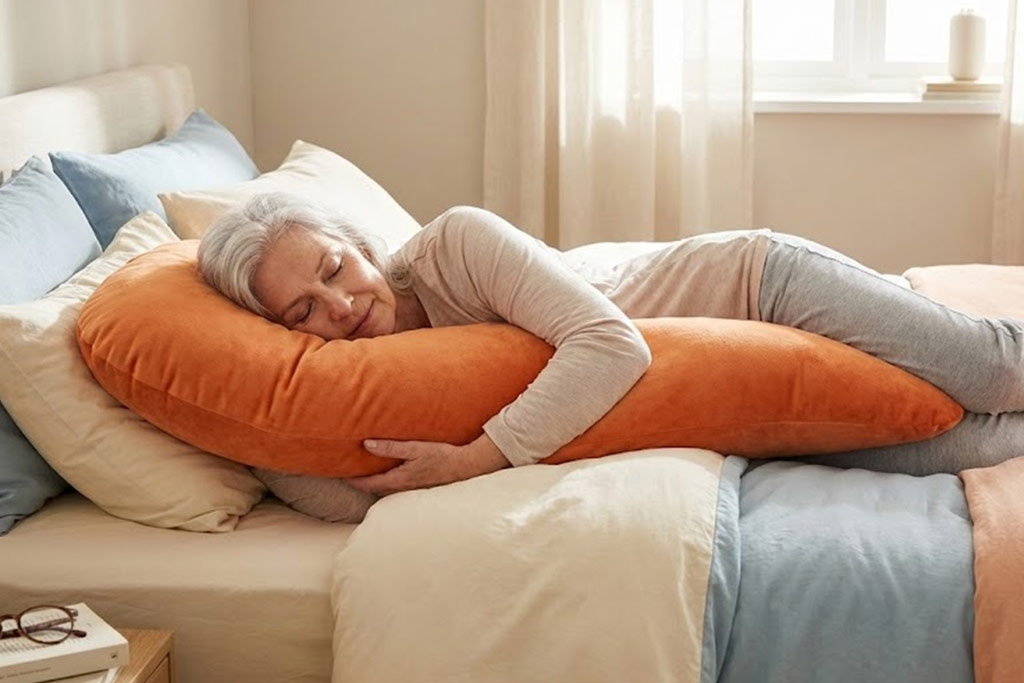 Senior femme dormant paisiblement sur le côté dans un lit douillet, utilisant un gros oreiller coloré pour soutenir son bras et soulager son épaule douloureuse.