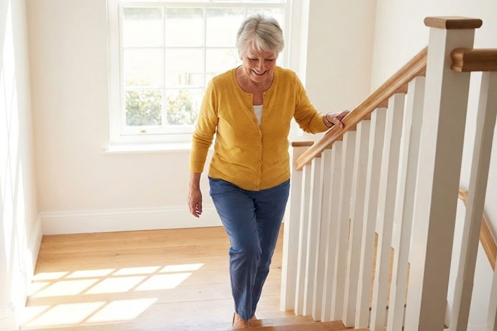 Senior femme souriante et confiante descendant un escalier en bois lumineux, tenant la rampe et appliquant la bonne technique pour protéger ses genoux.