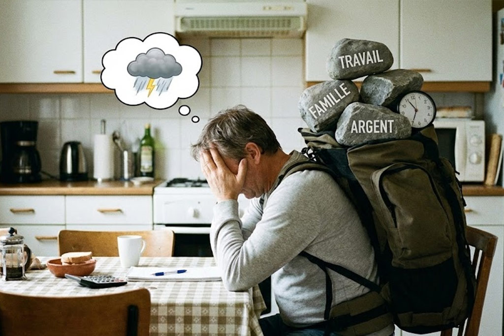 Homme d'âge moyen accablé, assis à une table de cuisine la tête dans les mains. Il porte un lourd sac à dos rempli de grosses pierres étiquetées "TRAVAIL", "FAMILLE", "ARGENT" et une horloge, illustrant le poids physique des charges mentales.