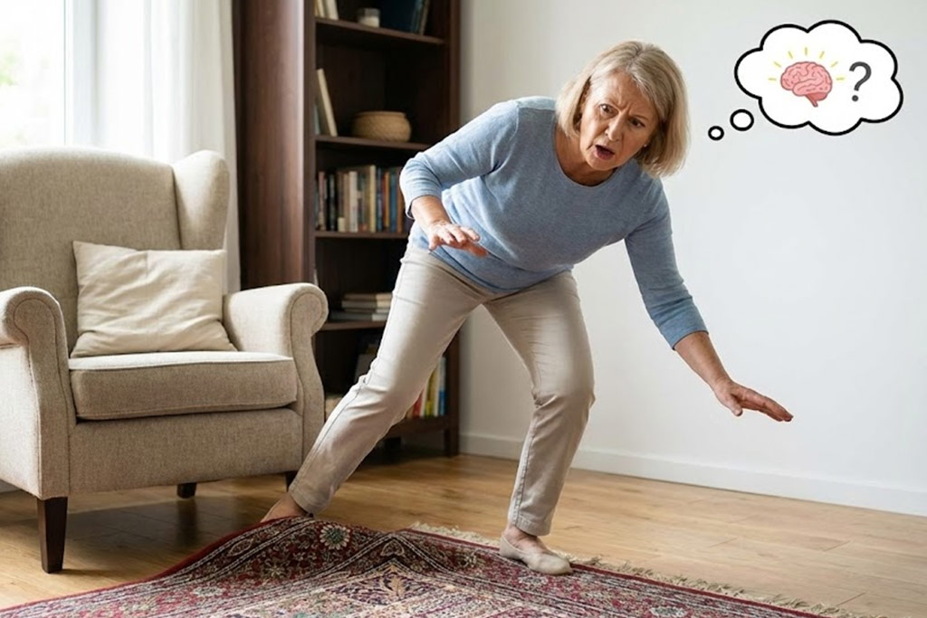 Femme senior surprise en train de trébucher sur le bord d'un tapis dans son salon. Une bulle de pensée au-dessus de sa tête contient un dessin de cerveau et un point d'interrogation, illustrant de manière humoristique que le cerveau joue un rôle clé dans les pertes d'équilibre et les chutes, au-delà des simples causes physiques.