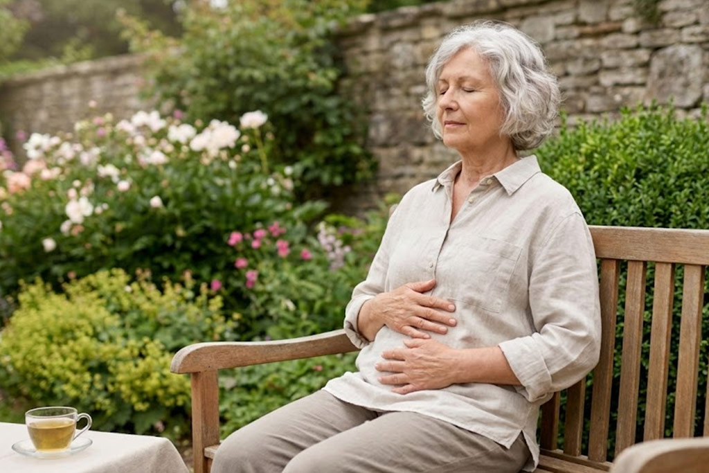 Senior femme assise calmement dans un jardin, les mains posées sur son ventre, pratiquant un exercice de respiration abdominale profonde pour améliorer son souffle et sa vitalité.