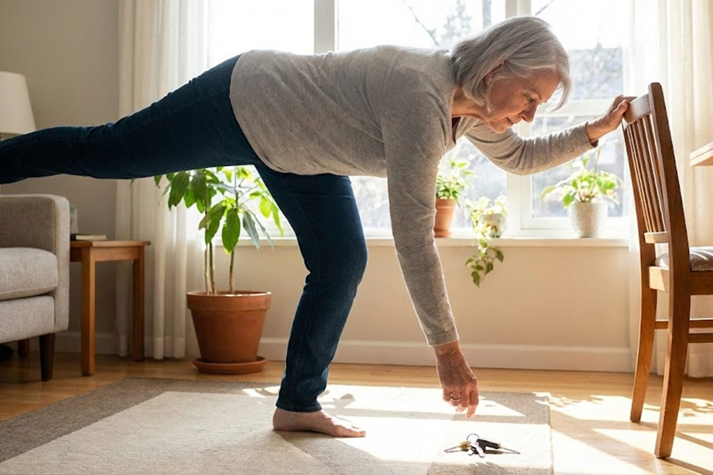 Femme senior aux cheveux gris dans un salon lumineux, utilisant la technique du "balancier du golfeur" pour ramasser des clés au sol. Elle s'appuie d'une main sur le dossier d'une chaise, le dos est bien plat et la jambe opposée est tendue vers l'arrière pour faire contrepoids.