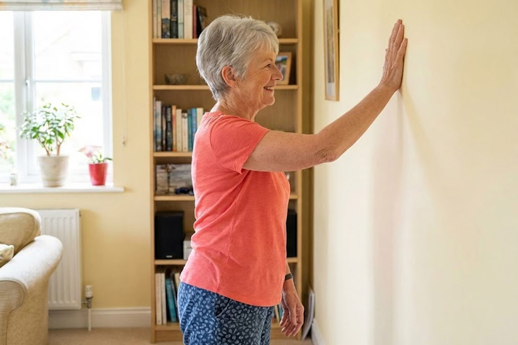 Senior femme souriante, debout dans un salon lumineux, effectuant l'exercice de "l'araignée" sur un mur pour mobiliser doucement son épaule et lever le bras plus haut.