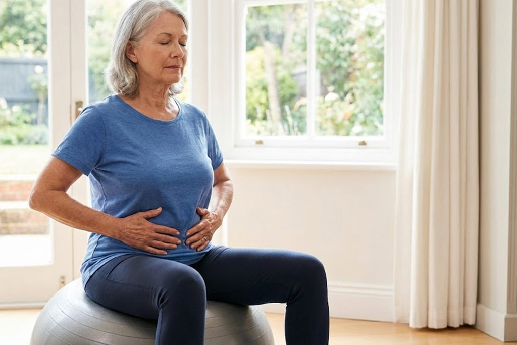 Femme senior assise sur un ballon d'exercice dans un salon lumineux, les mains posées sur le bas-ventre, concentrée sur un exercice de respiration et de contraction du périnée.