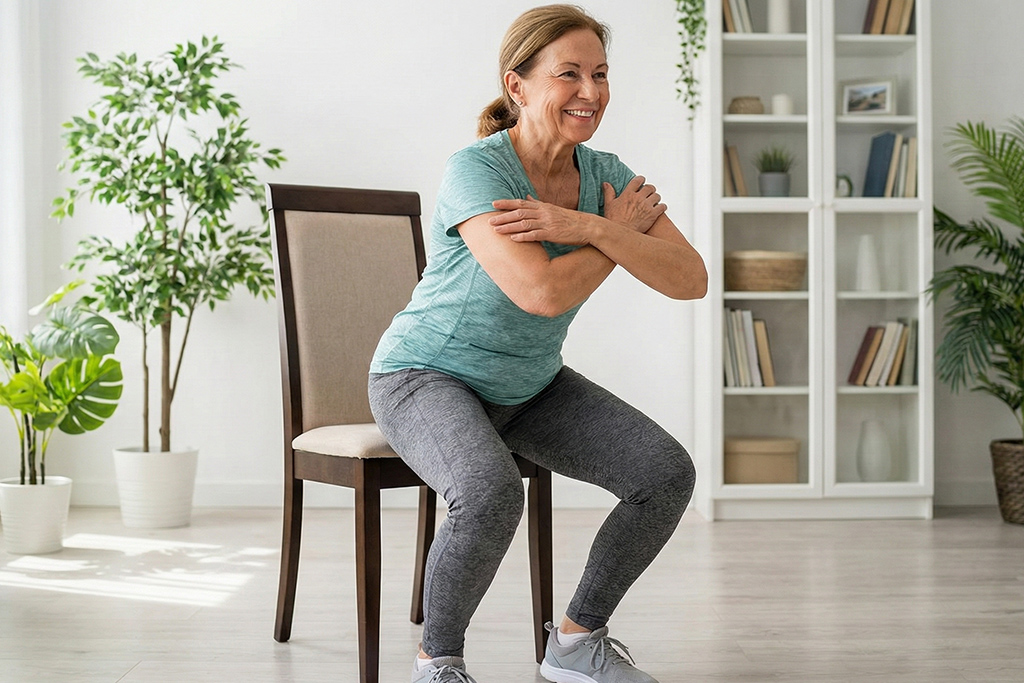 Senior femme active et souriante faisant un exercice de lever de chaise dynamique dans son salon pour se muscler les jambes.