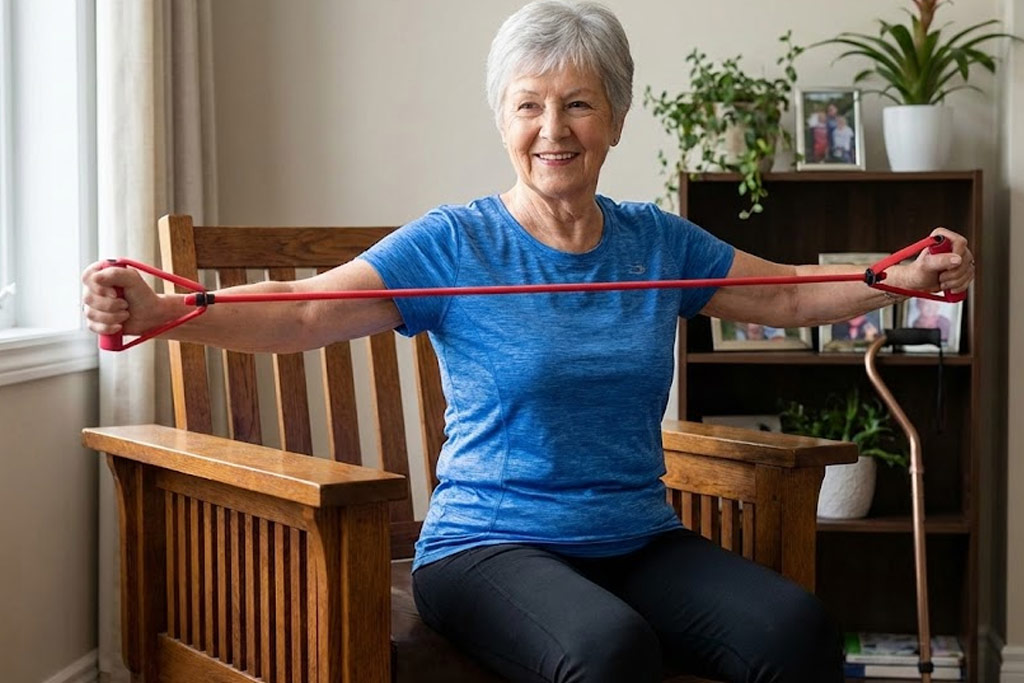 Senior femme souriante dans son salon utilisant un élastique de résistance avec poignées pour un exercice doux des bras.