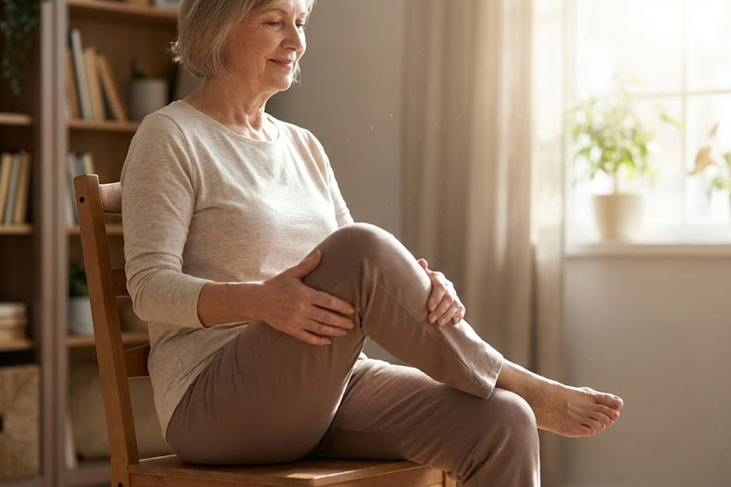 Femme senior détendue assise sur une chaise dans un salon lumineux, effectuant l'étirement du muscle pyramidal (position en 4) pour soulager une douleur fessière.