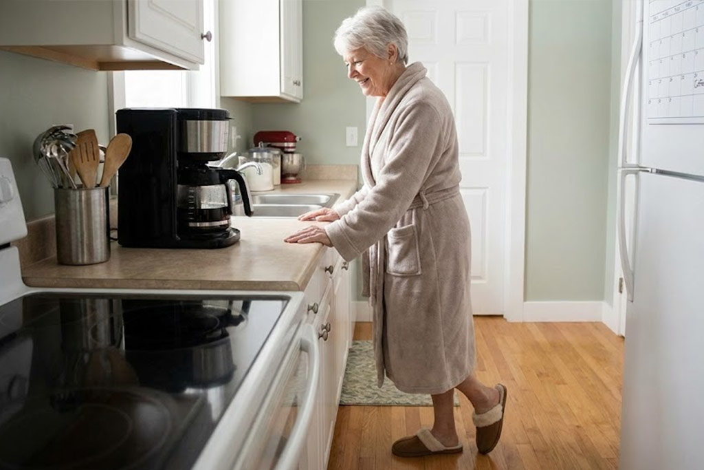 Femme senior souriante en peignoir dans sa cuisine, effectuant un simple exercice de lever de mollets tout en attendant que sa cafetière termine de passer, illustrant la technique de "l'ancrage" où une nouvelle habitude sportive est greffée sur une routine existante.