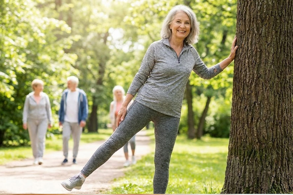 Femme senior souriante, debout dans un parc, se tenant à un arbre pour effectuer un exercice de balancier de la jambe afin de mobiliser sa hanche en douceur.