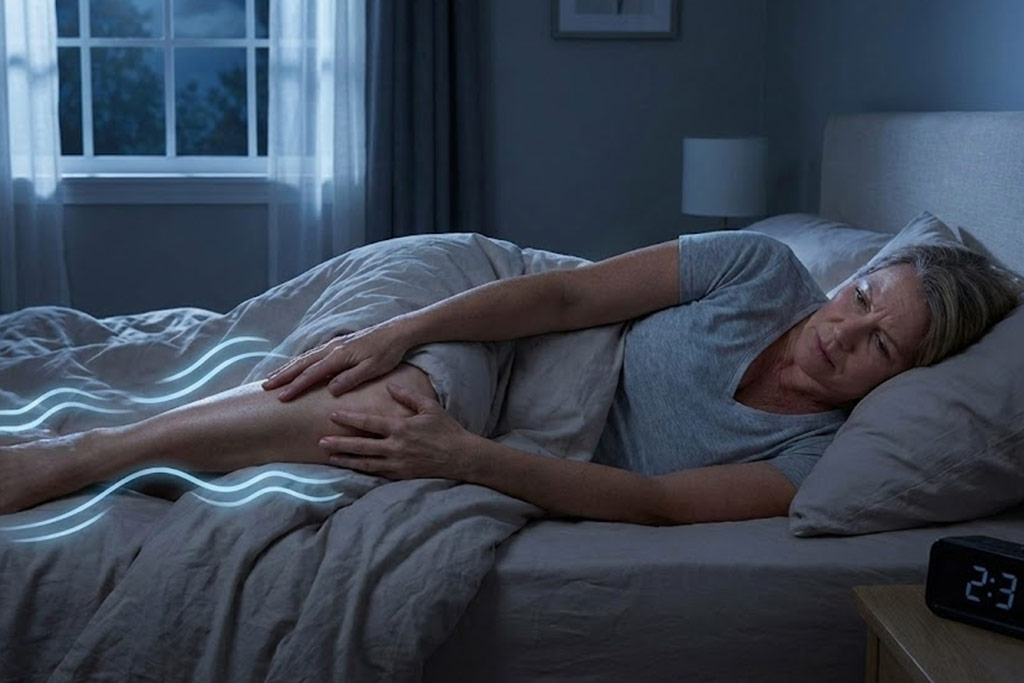 Femme d'âge moyen éveillée et inconfortable dans son lit la nuit (l'horloge indique 2h37), massant son mollet. Des ondes lumineuses bleues émanent de sa jambe, illustrant visuellement le syndrome des jambes sans repos ou les "impatiences" qui perturbent le sommeil.