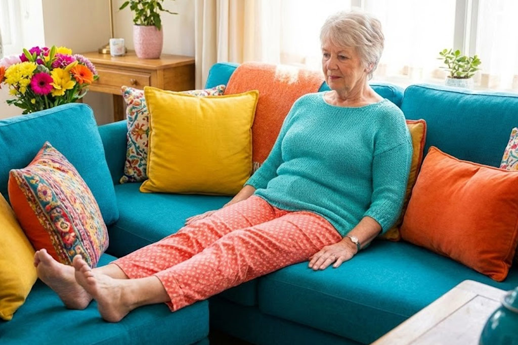 Senior assis sur une chaise dans un salon, effectuant un mouvement de bascule des chevilles (talons-pointes) pour soulager les jambes lourdes et activer la circulation.