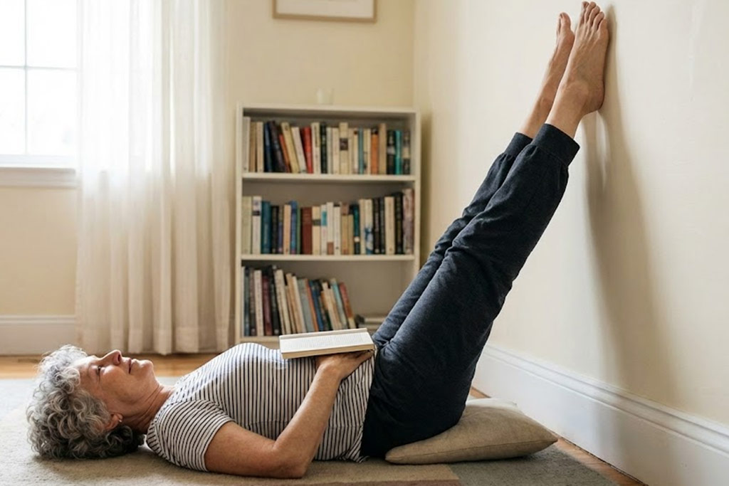 Senior femme allongée sur le dos dans un salon, les jambes tendues à la verticale contre un mur, en position de détente pour soulager la sensation de jambes lourdes et favoriser le retour veineux.