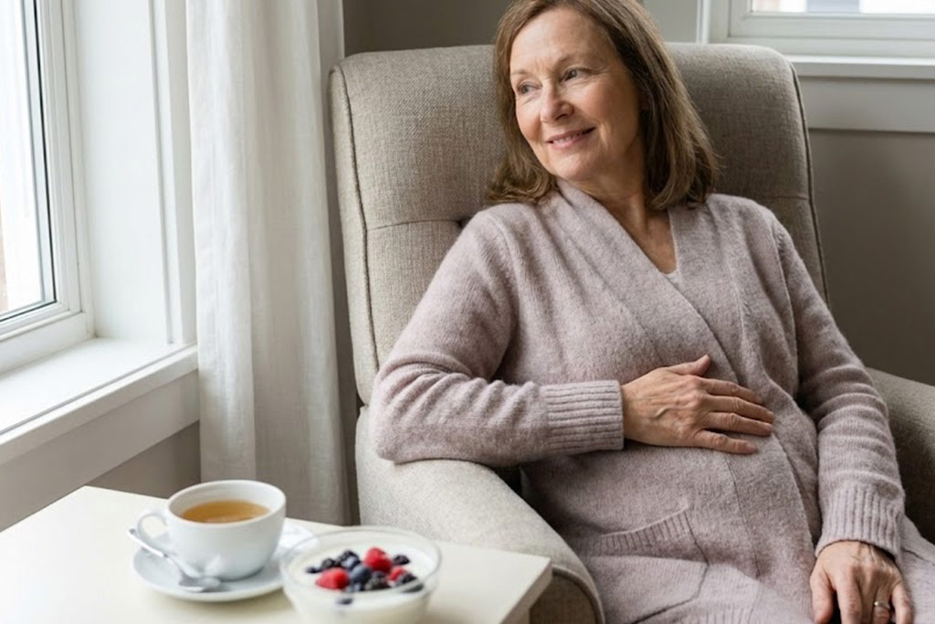 Senior femme souriante assise dans un fauteuil, la main posée doucement sur son ventre. Sur la table à côté d'elle se trouve un bol de yaourt avec des fruits rouges et une tasse de thé. L'image illustre le lien entre le bien-être digestif, le "deuxième cerveau" et la santé globale.