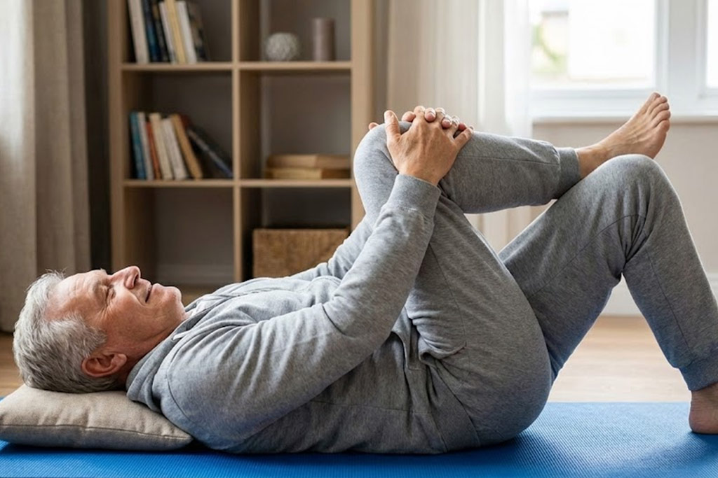 Senior homme allongé sur le dos sur un tapis de sol dans un salon, effectuant l'exercice du genou-poitrine pour étirer et soulager les lombaires.
