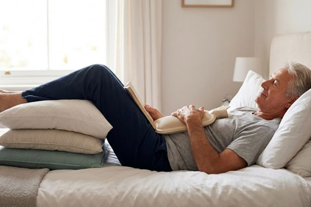 Senior homme d'âge mûr, allongé confortablement sur son lit avec les jambes surélevées par des coussins et une bouillotte sur le ventre, lisant un livre pour soulager un lumbago.