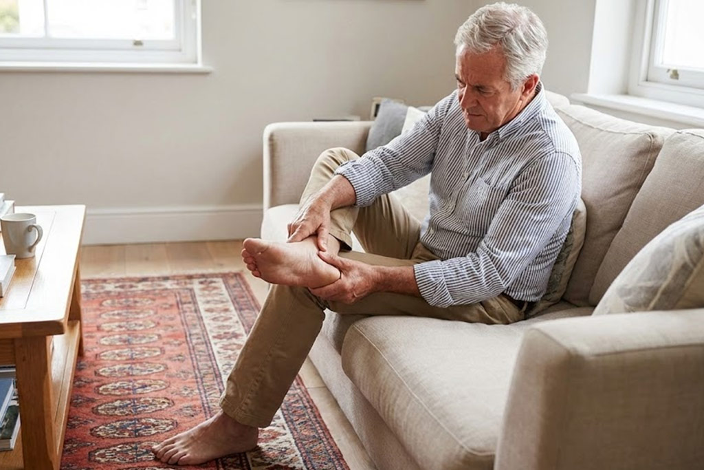 Homme senior assis confortablement sur un canapé, pieds nus sur un tapis, en train de se masser doucement le pied et les orteils pour soulager les douleurs et améliorer la mobilité.