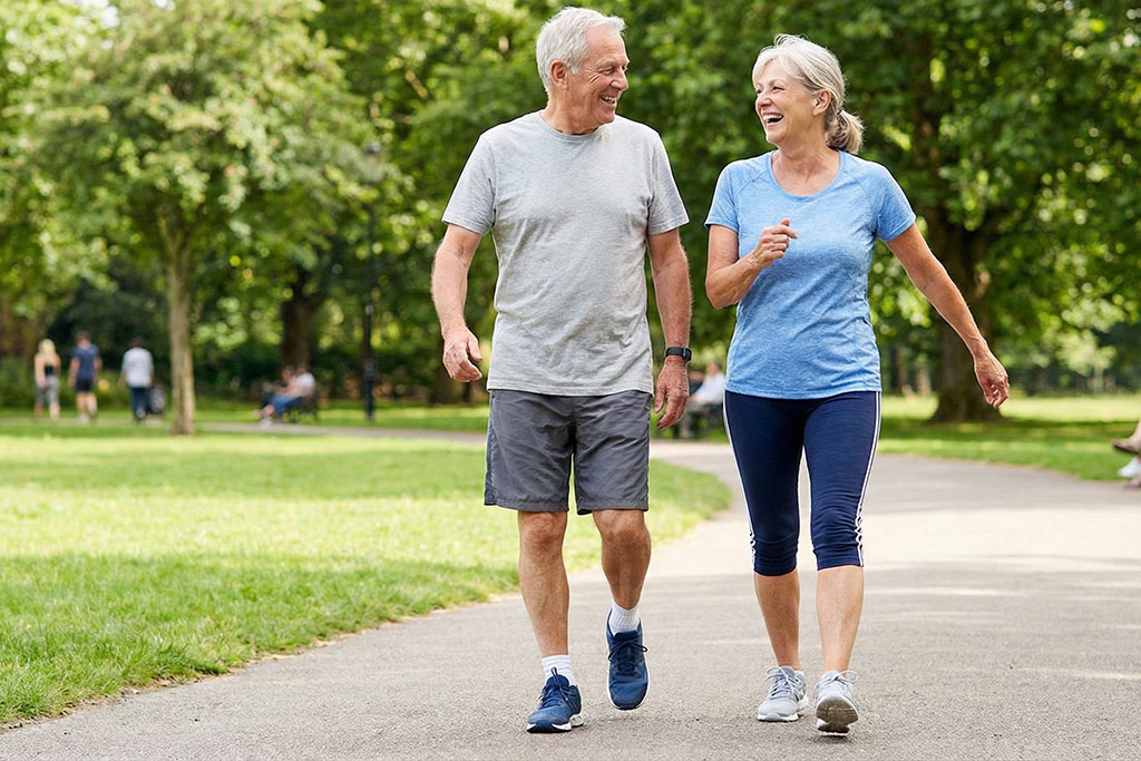 Couple de seniors dynamiques marchant d'un pas actif et souriant dans un parc, illustrant la marche santé.