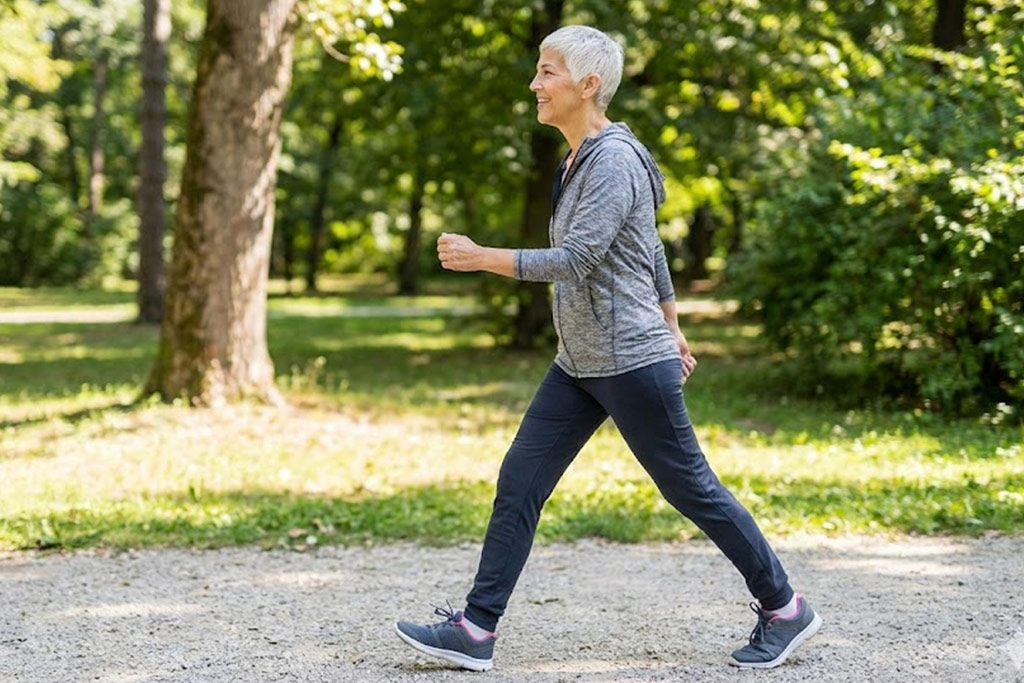 Femme senior active, souriante, marchant d'un pas dynamique et ample sur un chemin de parc ensoleillé. Sa posture est droite, elle regarde loin devant elle, et sa jambe arrière est bien tendue en fin de poussée, montrant une démarche fluide et assurée.