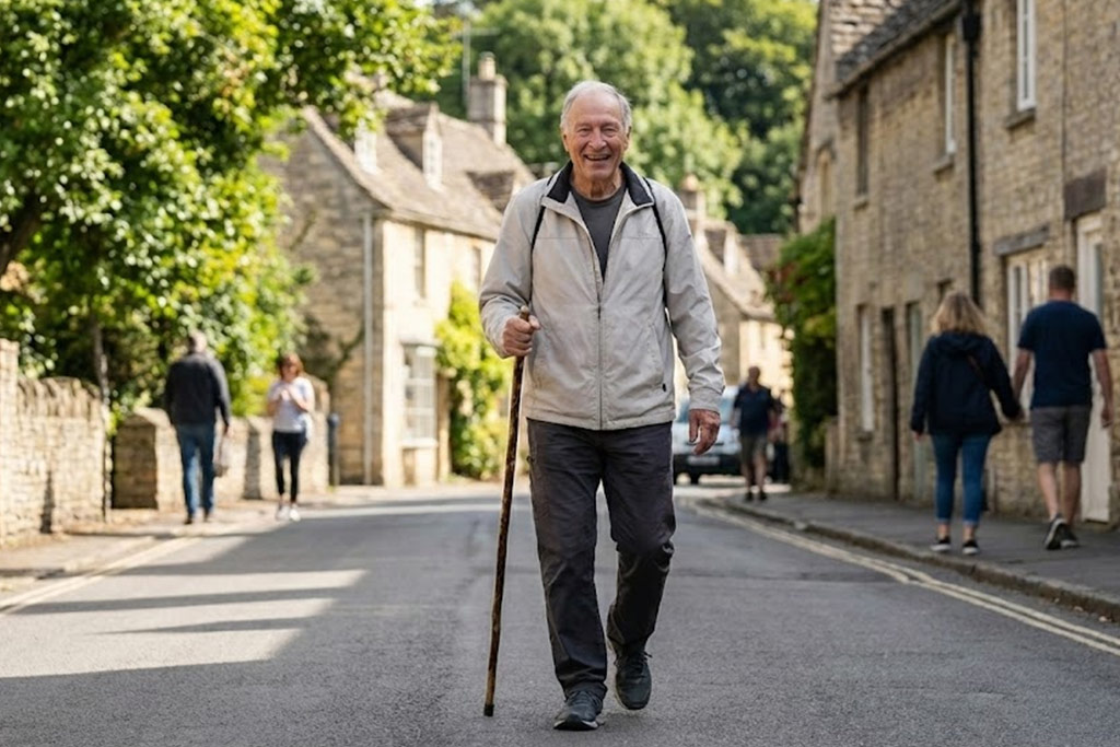 Homme senior souriant marchant énergiquement avec un bâton dans une rue de village en pierre ensoleillée. L'image illustre les bienfaits de la marche en extérieur ("thérapie verte") pour le moral et l'équilibre.
